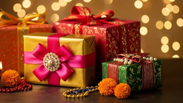 Futuristic Macro Shot of Bhai Dooj Gifts: Close-Up Zoom on Wrapping and Glowing Ribbons Blending Tradition and Modern Aesthetics
