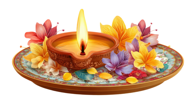 Indian Hindu god puja arti plate with burning lamp showing traditional religious worship ritual offering detail isolated on white background