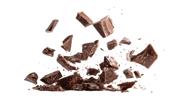 Chocolate broken into pieces with brown sweet candy bar chunks showing tasty dessert food detail isolated on white background
