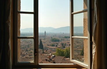 Fototapeta premium Open window offers expansive view of old town rooftops, distant hazy mountains. Sunlight streams into empty room, revealing terracotta tiles, classic architecture. Serene urban landscape awaits