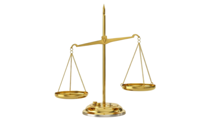 Isolated golden scales justice, balance weight symbol, judgment equilibrium, compare values