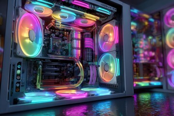 Interior view of a customized computer with neon LED lights illuminating components and internal fans