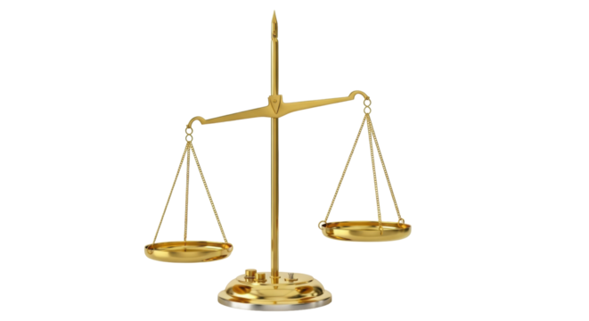 Isolated golden scales justice, balance weight symbol, judgment equilibrium, compare values