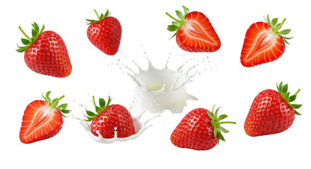 Isolated sliced strawberries with splash of liquid, healthy diet concept in vibrant colors