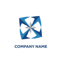 Abstract logo design featuring a blue geometric shape resembling a stylized flower or compass with a central star.
