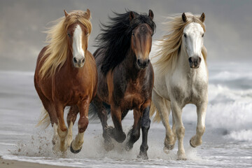 Fototapeta premium three horses at the beach, digital art,brown horse with black flowing mane, pinto with blonde flowing mane, white horse with black mane, -
