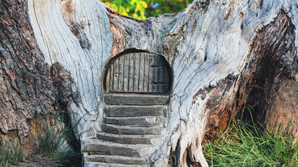 Fairy Door and Stone Steps Carved into an Old Tree Trunk