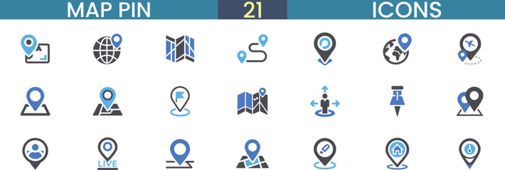 Obraz premium Map pin icon set, 21 navigation and location markers in blue and grey, professional GPS tracking and destination symbols for mobile apps