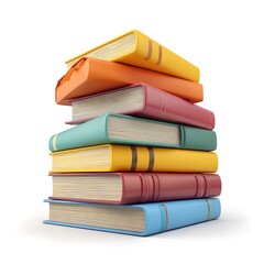 A tall stack of colorful hardcover books neatly piled together isolated on white background