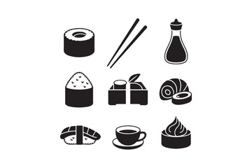 Collection of japanese food and drink icons in black and white