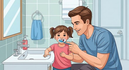 Loving father helping his adorable daughter brush her teeth in a bright bathroom, creating a heartwarming moment of family bonding and promoting healthy habits