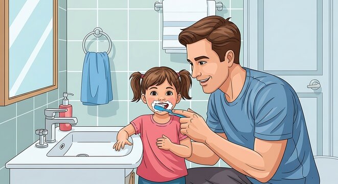 Loving father helping his adorable daughter brush her teeth in a bright bathroom, creating a heartwarming moment of family bonding and promoting healthy habits - Powered by Adobe