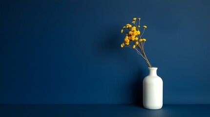 Simple vase with yellow flowers against a deep blue backdrop