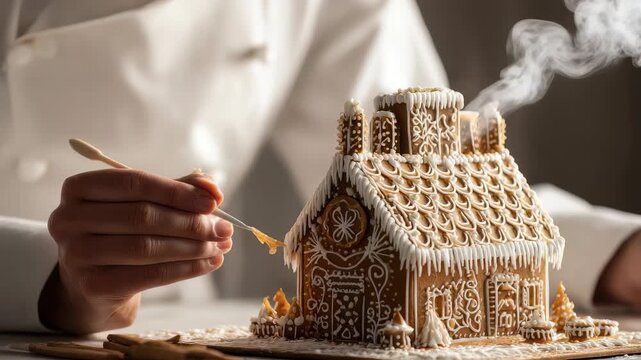 Person carefully decorates gingerbread house with white icing, adding delicate patterns, festive touches. Steam rises from roof, evoking warmth, holiday spirit, joy creative winter baking