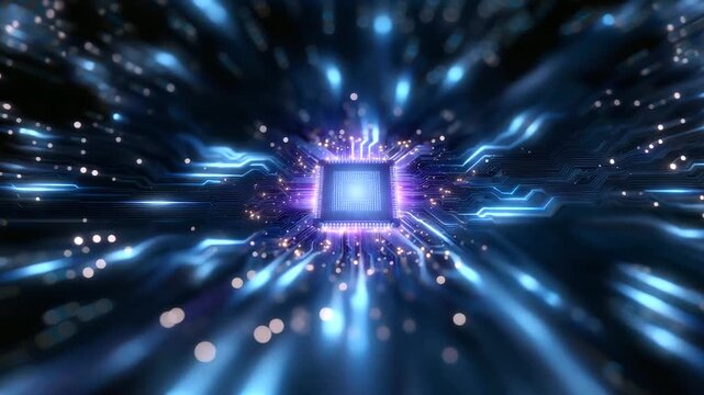 Futuristic AI processor a high-tech digital microchip glowing with neon blue and purple circuits, symbolizing the immense power and complexity of artificial intelligence at its cor