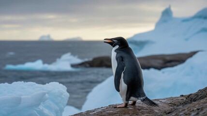 Fototapeta premium Penguin standing on icy rock near ocean in antarctic wildlife landscape 