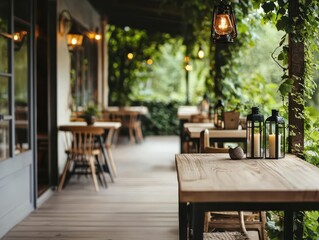 Rustic countryside restaurant with wraparound porch, oldfashioned lanterns, and vinecovered walls