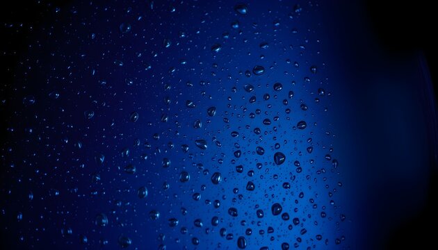 Glistening water droplets beading on a dark blue textured surface fading into black. - Powered by Adobe
