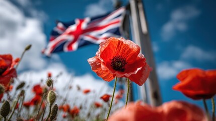 Remembrance poppies with united kingdom flag on a bright day