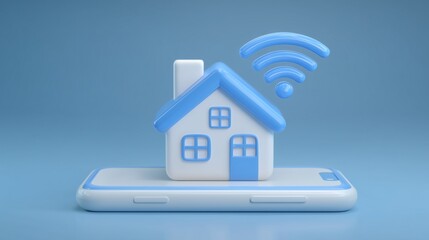 Stylized blue smart home on mobile phone with wifi symbol image render 3d. Connected house, smartphone remote access background realistic graphic. Conceptual idea, visual storytelling