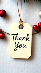 Elegant thank you tag with decorative elements and Christmas ornaments displayed on a textured background