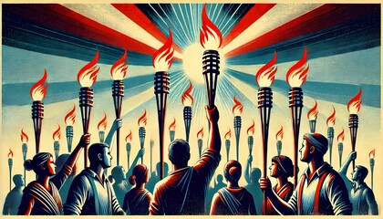 People holding torches with red and blue rays for freedom of speech