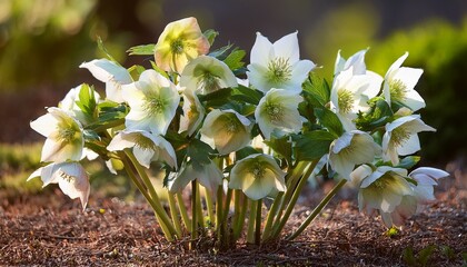 a helleborus bush with white flowers blooms in a flowerbed