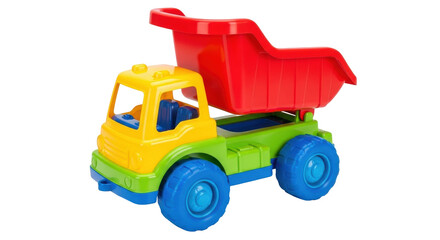 Isolated toy dump truck model against a neutral backdrop, children's plaything vehicle