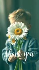 Child holds bouquet of daisies and expresses gratitude indoors
