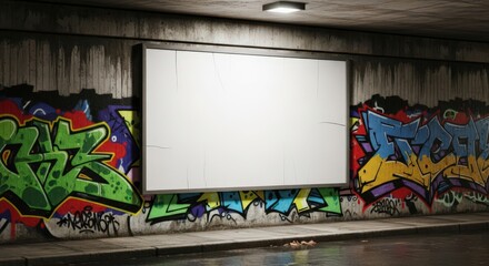 Illuminated Blank Billboard Mockup on a Gritty GraffitiCovered Urban Underpass Wall.
