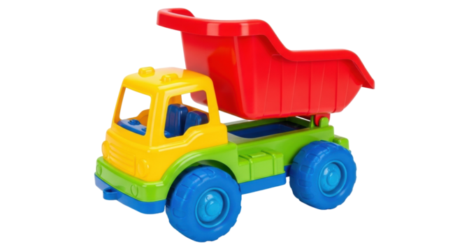 Isolated toy dump truck model against a neutral backdrop, children's plaything vehicle