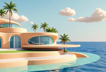 Obraz premium Modern seaside villa with curved architecture and palm trees by turquoise water
