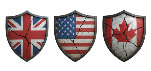 Three cracked shields with UK, USA, and Canada flags. Symbolic concept of fragile alliances, political tension, and broken protection. AI generated illustration.