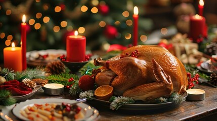 Festive Christmas Dinner Table with Turkey and Candles – Holiday Stock Photo