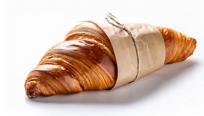 a croissant wrapped in a paper bag on white background