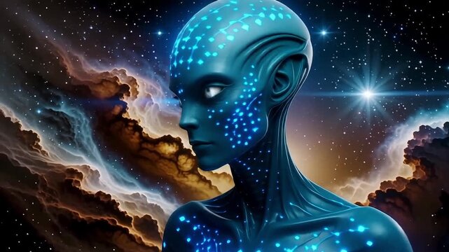 Enigmatic alien emerges from vibrant nebula, exploring cosmic mysteries and unknown worlds.