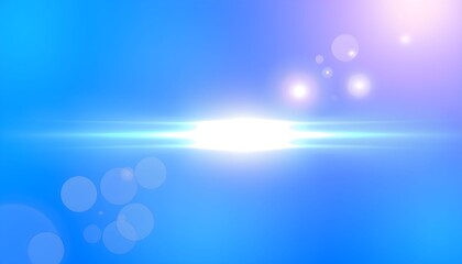 A bright, glowing light source with lens flares and bokeh effects on a blue background.
