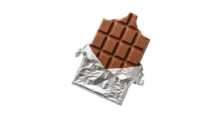 Isolated milk chocolate bar with bite in foil wrapping on display for tempting treat snack