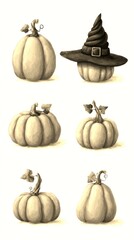 Collection of festive pumpkins with unique shapes and a whimsical witch hat for autumn decoration and Halloween