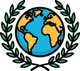 Stylized Earth globe with laurel wreath symbolizing peace and global unity.