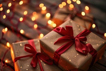 Wrapped Christmas Gifts with Ribbons and Lights – Festive Holiday Stock Photo