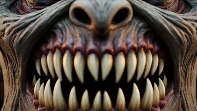 Terrifying Close-Up of a Ferocious Monster with Glowing Red Eyes and Sharp Teeth.