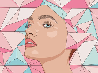 Abstract Geometric Triangle Banner with Stylish Futuristic Biometric Young Woman Portrait with Pastel Background. Modern Trendy Banner for Ads, Covers, Social Media, and Flyer Decoration
