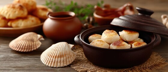 Delicious Cracked Delicacies Served in a Rustic Dish with Golden Scallops and Shells on a Wooden Table