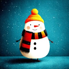 Happy snowman wearing a colorful hat and scarf in a winter setting with falling snowflakes - High Contrast