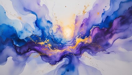 Abstract explosion of vibrant blue purple and gold hues creating a cosmic nebula or celestial event