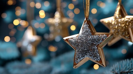 Shimmering Golden and Silver Star Ornaments Hanging on a Festive Christmas Tree