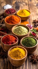 Fototapeta premium Colorful spice bowls arranged on a rustic wooden table