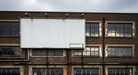 Fototapeta premium Weathered Billboard on Brick Facade Urban Decay Blank Space Industrial Aesthetic.