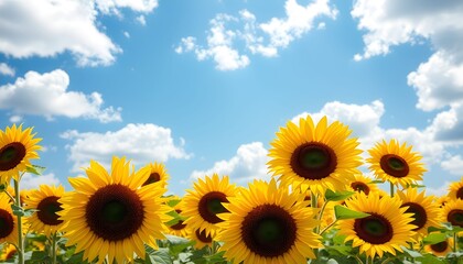 Fototapeta premium A vibrant field of sunflowers basks in the sunlight under a bright blue sky with fluffy white clouds.